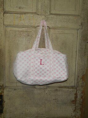 Mark & Graham Block Print Quilted Overnighter Pink Bows MONO "L"